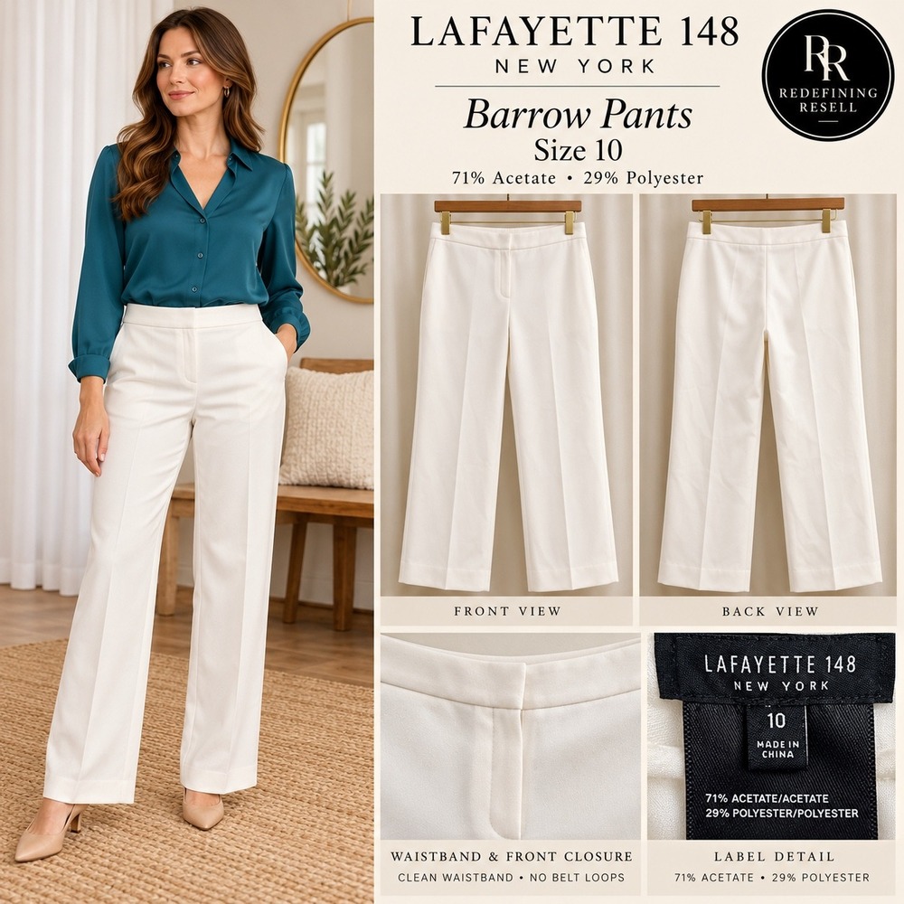 Lafayette 148 New York Barrow Pants White Straight Leg Trouser Size 10 FAB#6147